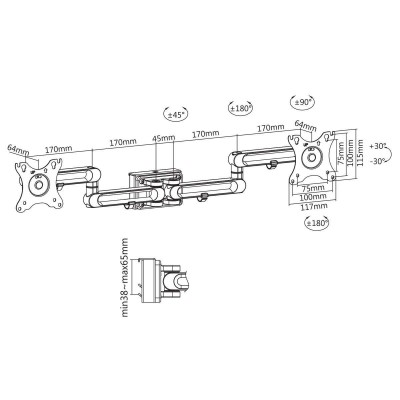 Double bras pour moniteurs 17´´- 32´´ pour rail de fixation Slatwall