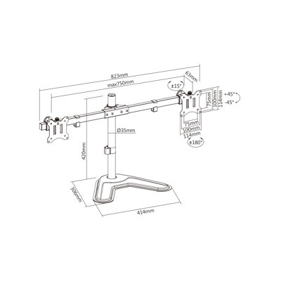 Support de bureau pour 2 écrans moniteurs PC 17"- 32", Sens horizontal